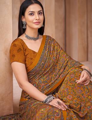 Mustard printed crepe silk fancy smooth saree with unstitch blouse 2