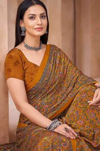 Mustard printed crepe silk fancy smooth saree with unstitch blouse
