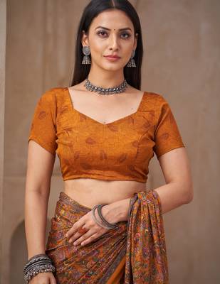 Mustard printed crepe silk fancy smooth saree with unstitch blouse 3