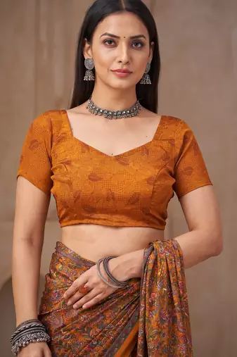 Mustard printed crepe silk fancy smooth saree with unstitch blouse