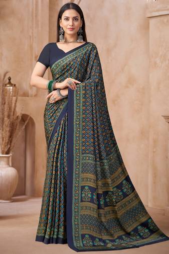 Navy blue printed crepe silk fancy smooth saree with unstitch blouse