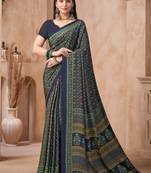 Navy blue printed crepe silk fancy smooth saree with unstitch blouse