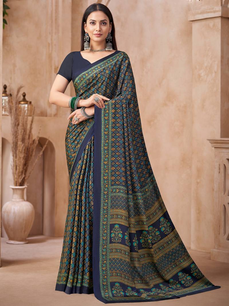 Navy blue printed crepe silk fancy smooth saree with unstitch blouse