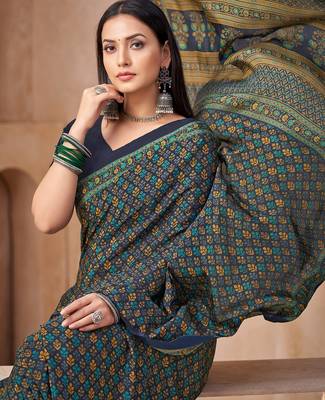 Navy blue printed crepe silk fancy smooth saree with unstitch blouse 2
