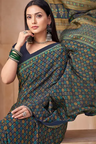 Navy blue printed crepe silk fancy smooth saree with unstitch blouse