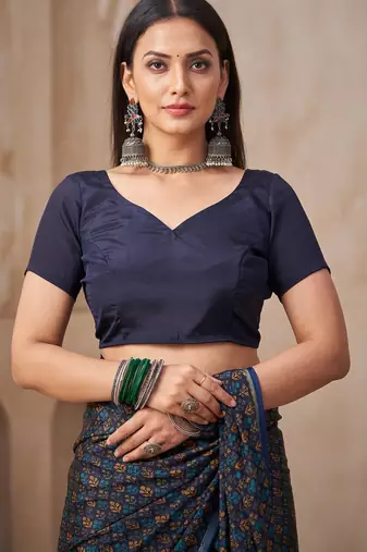Navy blue printed crepe silk fancy smooth saree with unstitch blouse