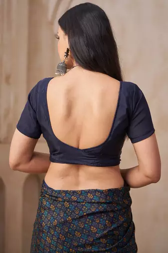 Navy blue printed crepe silk fancy smooth saree with unstitch blouse