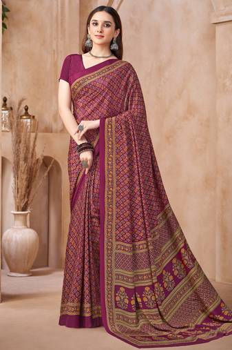 Plum printed crepe silk fancy smooth saree with unstitch blouse