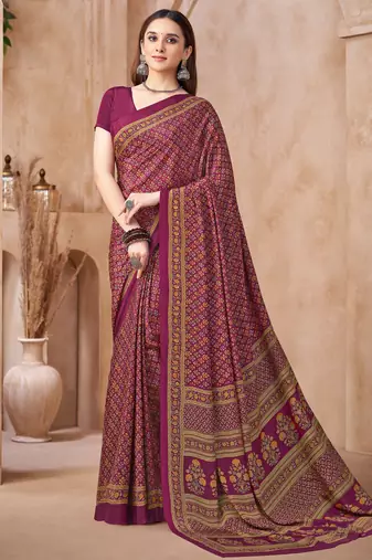 Plum printed crepe silk fancy smooth saree with unstitch blouse