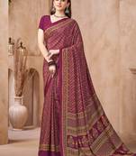 Plum printed crepe silk fancy smooth saree with unstitch blouse