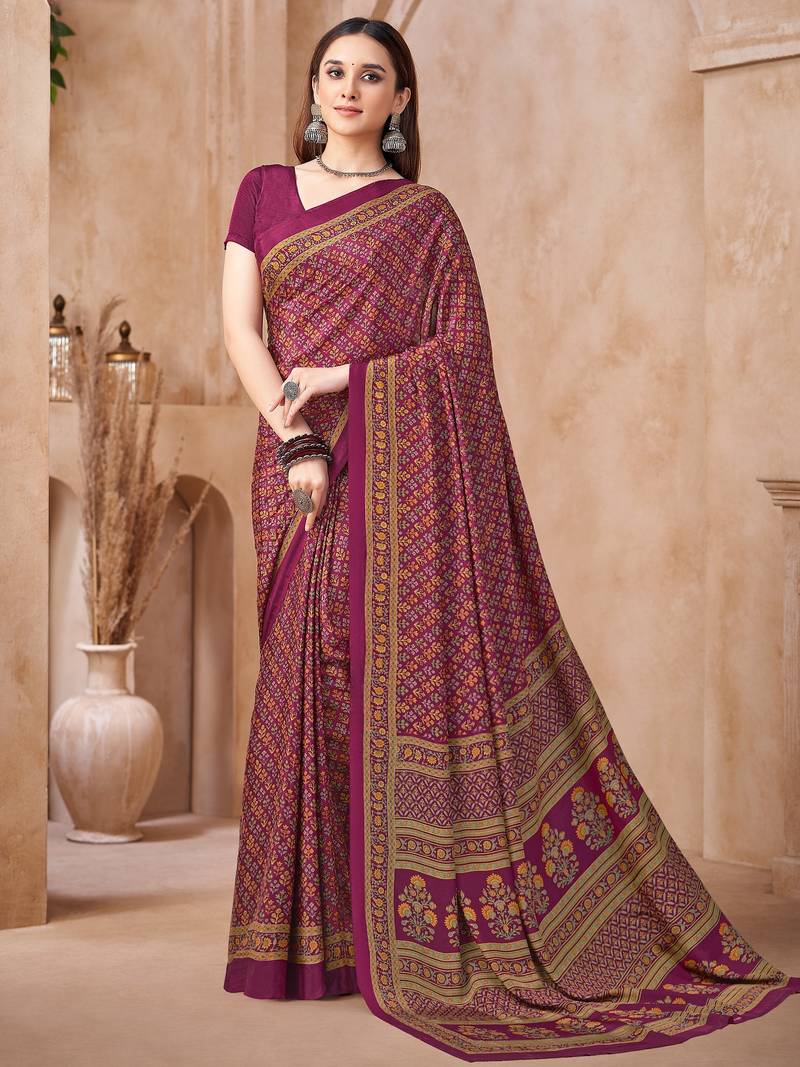 Plum printed crepe silk fancy smooth saree with unstitch blouse