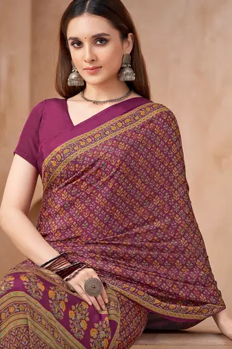 Plum printed crepe silk fancy smooth saree with unstitch blouse