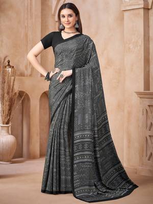 Grey black printed crepe silk fancy smooth saree with unstitch blouse 1
