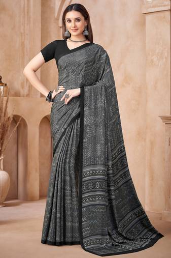 Grey black printed crepe silk fancy smooth saree with unstitch blouse