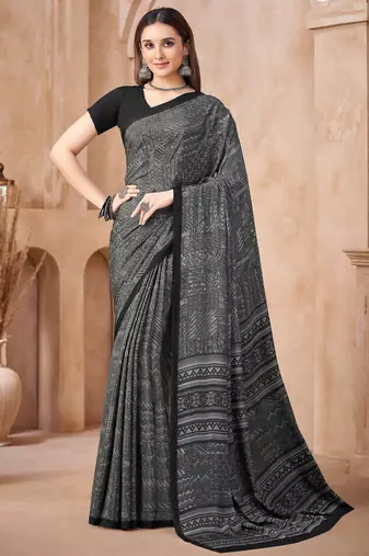 Grey black printed crepe silk fancy smooth saree with unstitch blouse