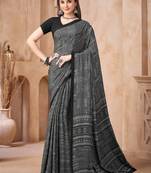 Grey black printed crepe silk fancy smooth saree with unstitch blouse