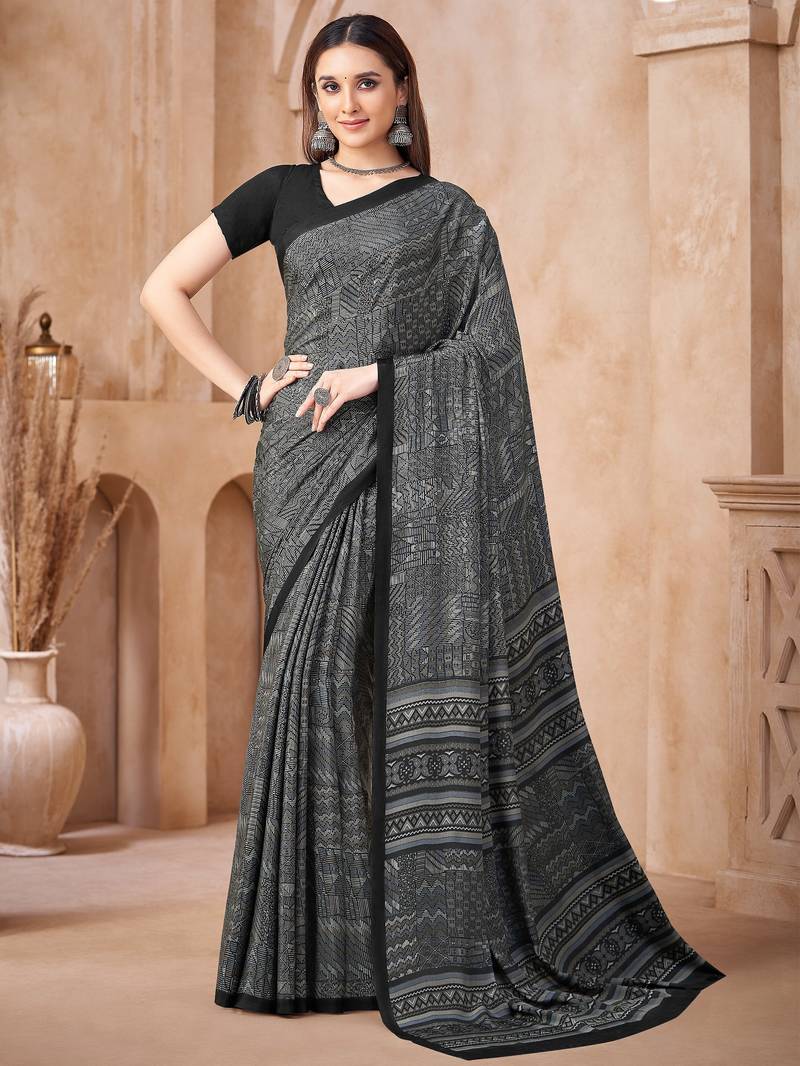 Grey black printed crepe silk fancy smooth saree with unstitch blouse
