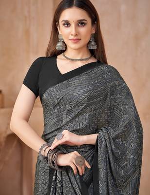 Grey black printed crepe silk fancy smooth saree with unstitch blouse 2