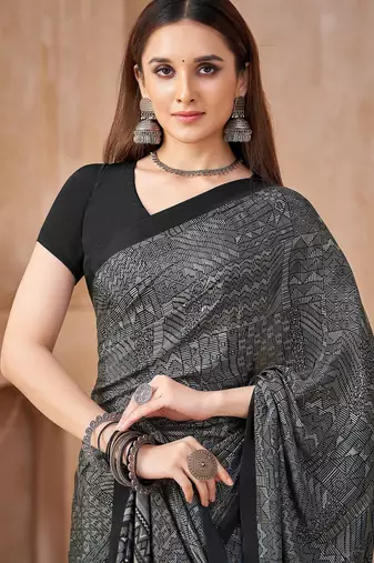 Grey black printed crepe silk fancy smooth saree with unstitch blouse