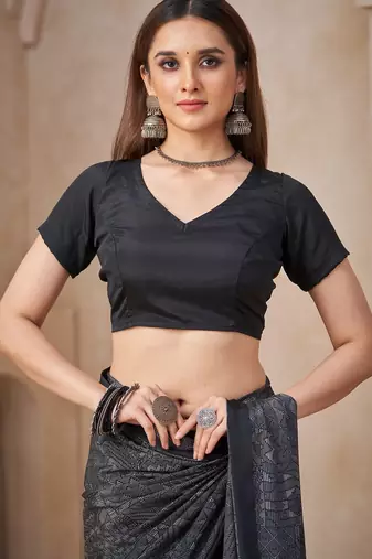Grey black printed crepe silk fancy smooth saree with unstitch blouse