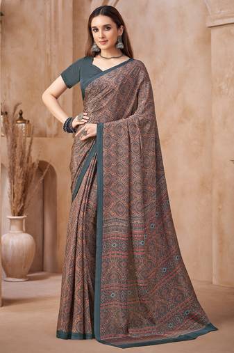 Multicolor printed crepe silk fancy smooth saree with unstitch blouse