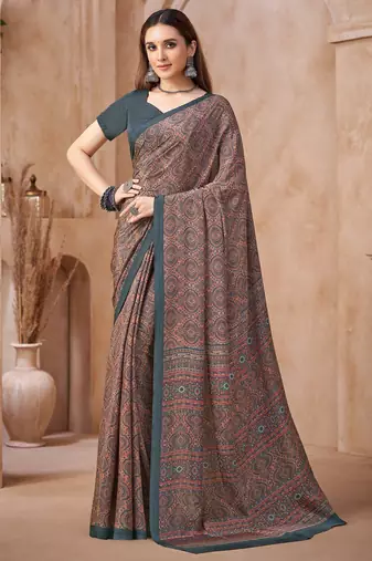 Multicolor printed crepe silk fancy smooth saree with unstitch blouse