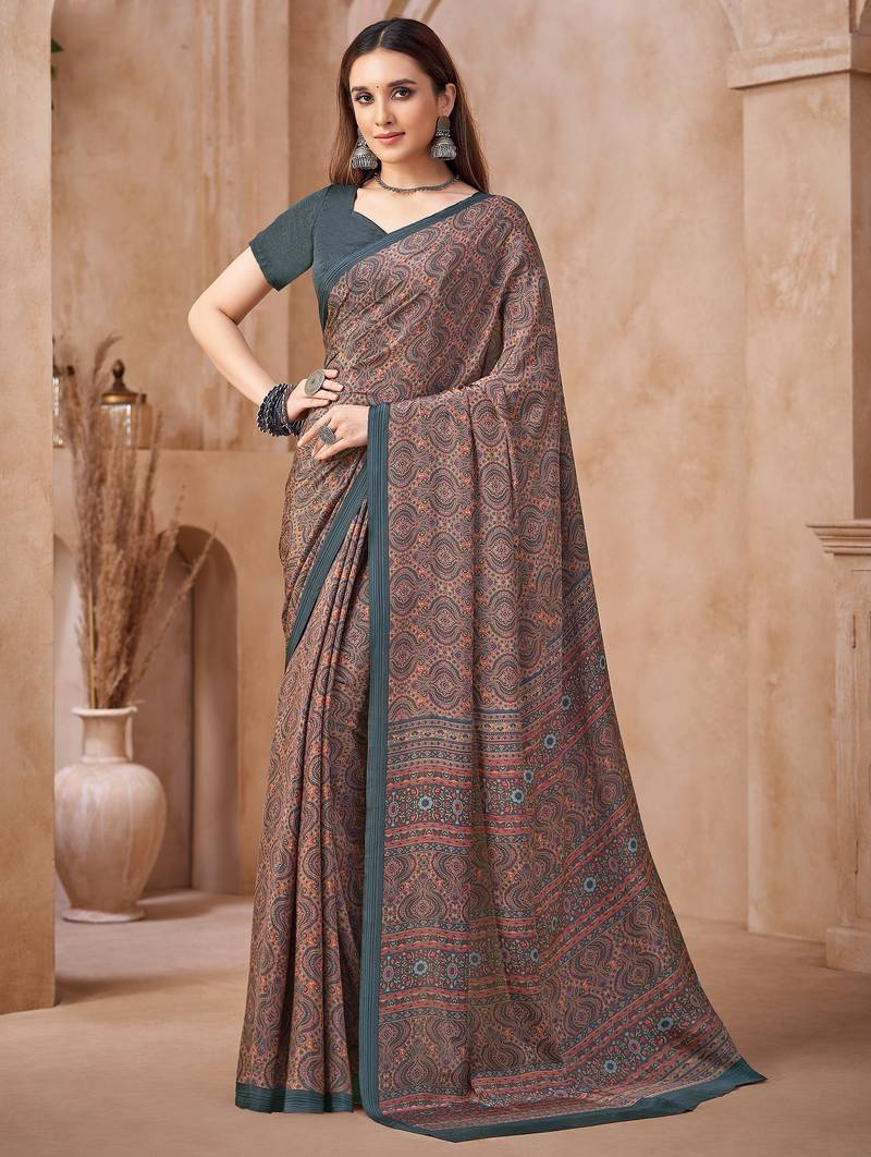 Multicolor printed crepe silk fancy smooth saree with unstitch blouse