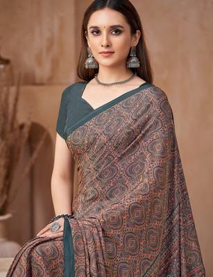 Multicolor printed crepe silk fancy smooth saree with unstitch blouse 2