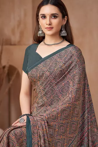 Multicolor printed crepe silk fancy smooth saree with unstitch blouse