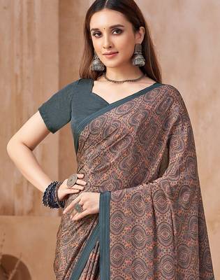 Multicolor printed crepe silk fancy smooth saree with unstitch blouse 3