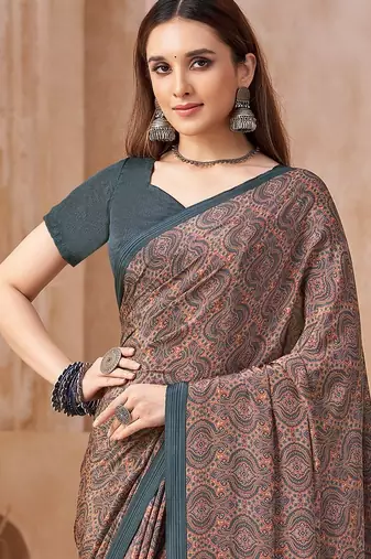 Multicolor printed crepe silk fancy smooth saree with unstitch blouse
