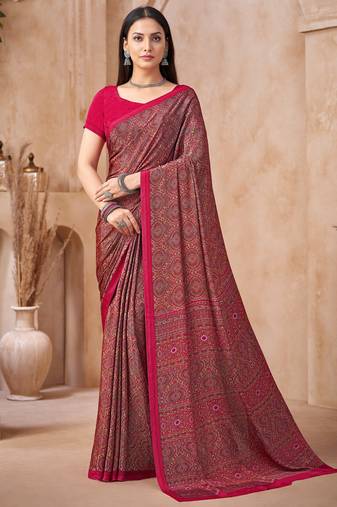 Pink printed crepe silk fancy smooth saree with unstitch blouse