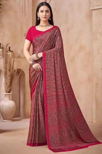 Pink printed crepe silk fancy smooth saree with unstitch blouse