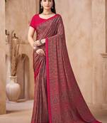 Pink printed crepe silk fancy smooth saree with unstitch blouse