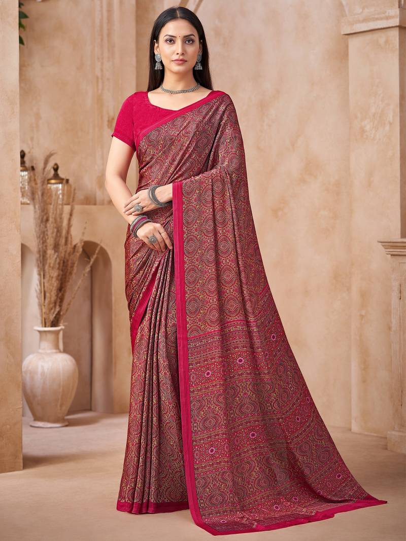 Pink printed crepe silk fancy smooth saree with unstitch blouse