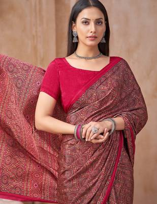 Pink printed crepe silk fancy smooth saree with unstitch blouse 2