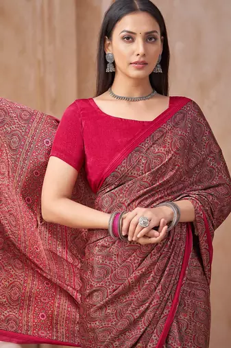 Pink printed crepe silk fancy smooth saree with unstitch blouse