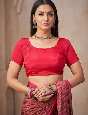 Pink printed crepe silk fancy smooth saree with unstitch blouse 3