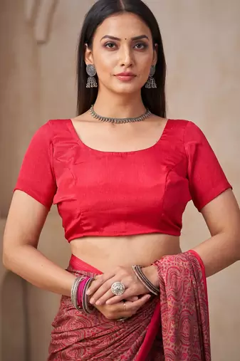 Pink printed crepe silk fancy smooth saree with unstitch blouse