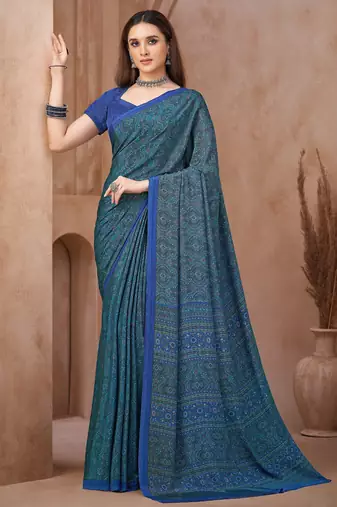 Blue green printed crepe silk fancy smooth saree with unstitch blouse