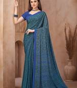 Blue green printed crepe silk fancy smooth saree with unstitch blouse