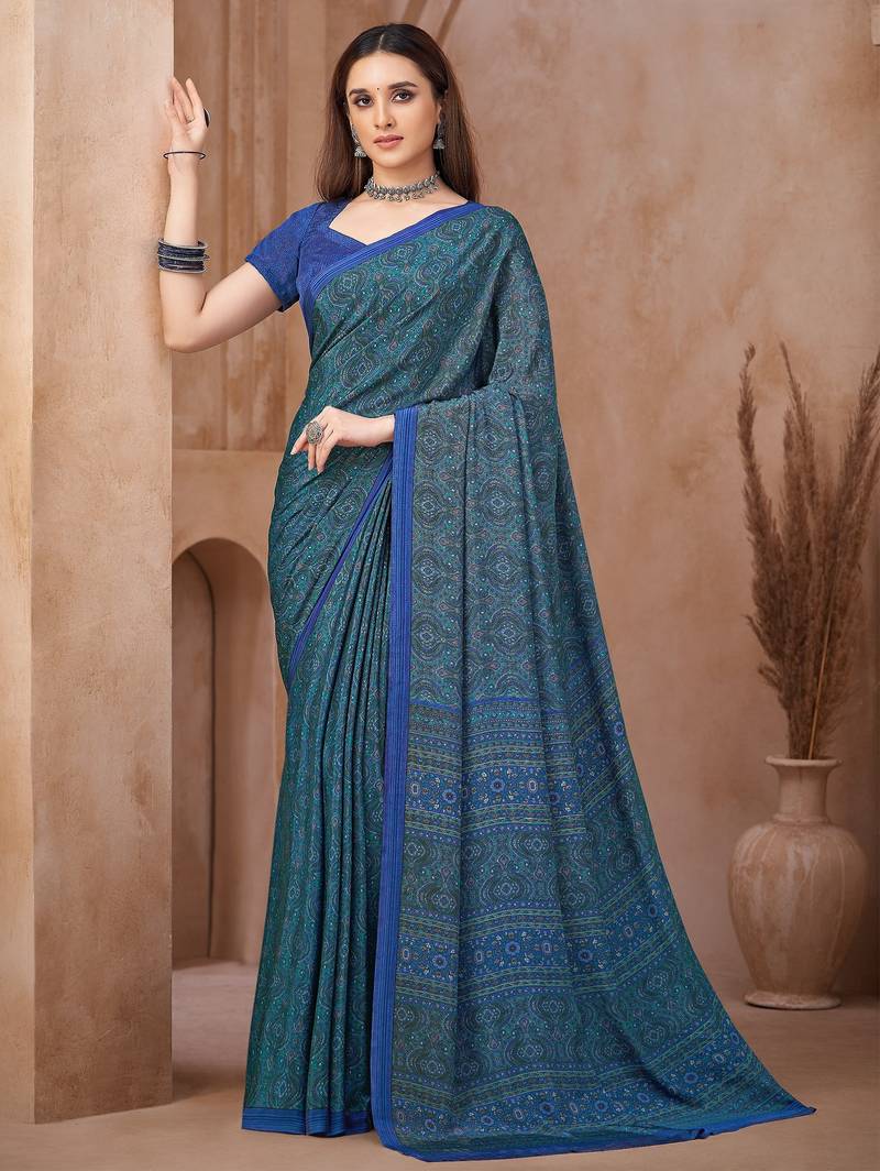 Blue green printed crepe silk fancy smooth saree with unstitch blouse
