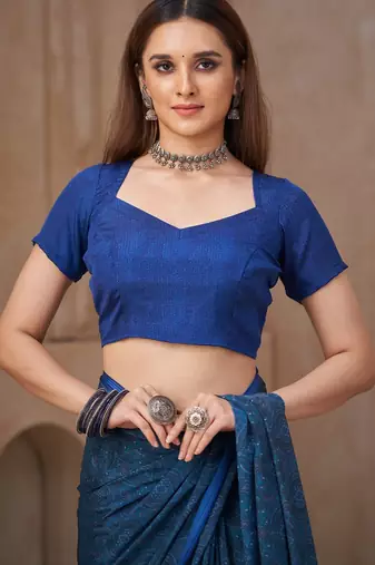 Blue green printed crepe silk fancy smooth saree with unstitch blouse
