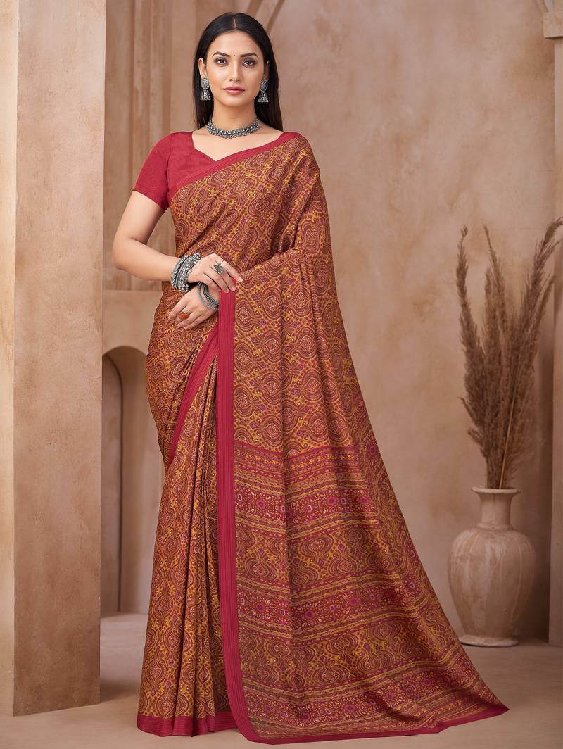 Multicolor printed crepe silk fancy smooth saree with unstitch blouse