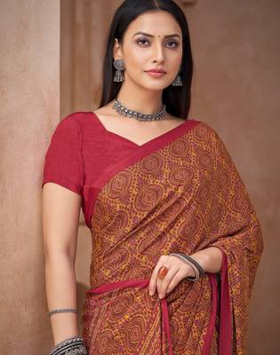 Multicolor printed crepe silk fancy smooth saree with unstitch blouse 2