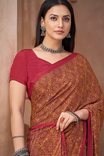 Multicolor printed crepe silk fancy smooth saree with unstitch blouse