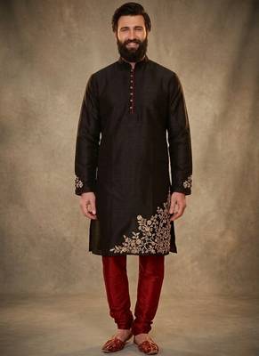 Black dupion silk embroidered kurta set 1