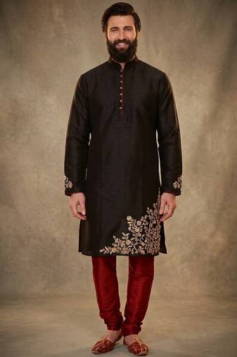 Black dupion silk embroidered kurta set