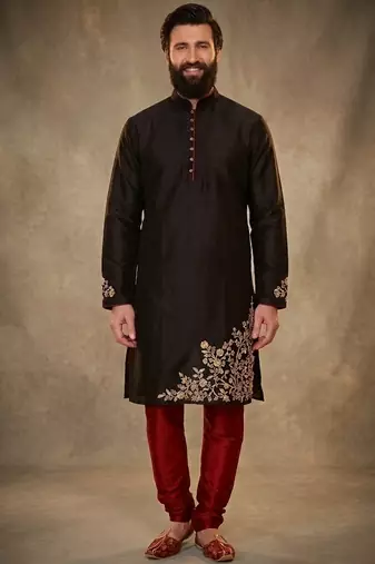 Black dupion silk embroidered kurta set