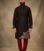 Black dupion silk embroidered kurta set